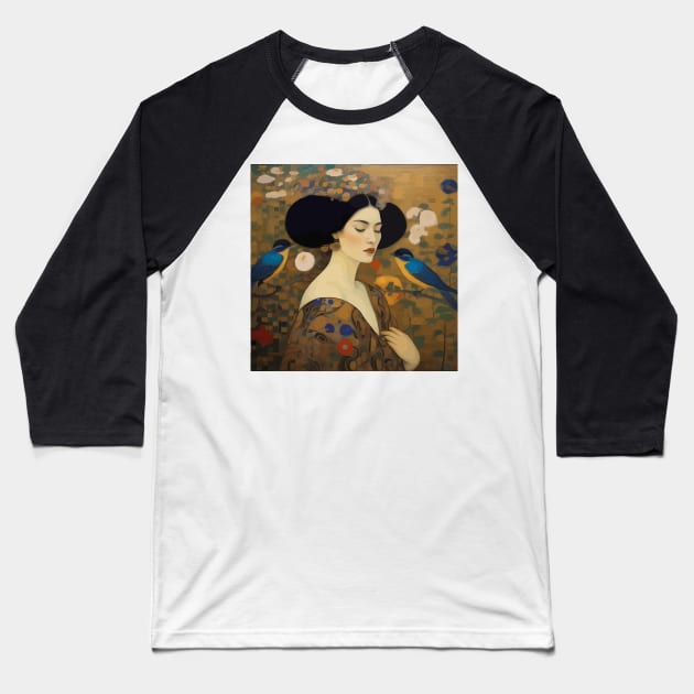 Beautiful Woman with Birds in a Garden Baseball T-Shirt by bragova